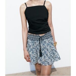 Zara Floral Mini Skort Women's Blue White Boho Tiered Tassel Sz M 9878/113/044